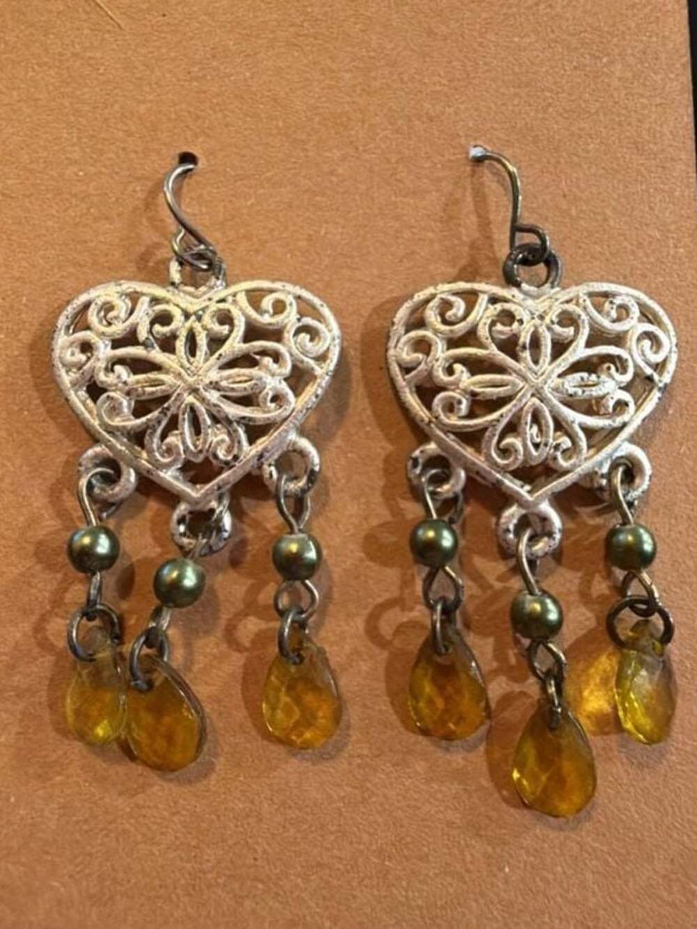 Antique Silver Plated Heart Filigree Dangle Earrings with Amber Colored Crystal